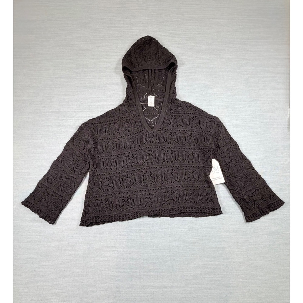 Time and Tru Womens BLK Crochet Knit Hoodie Sweater XS 100% Cotton TT16100148905